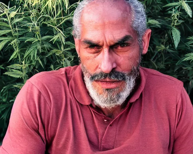 Image similar to mr robert smoke weed and meditate, he has dark grey hairs, detailed glad face, muscular chest, visible belly, golden hour closeup photo, red elegant shirt, eyes wide open, ymmm and that smell