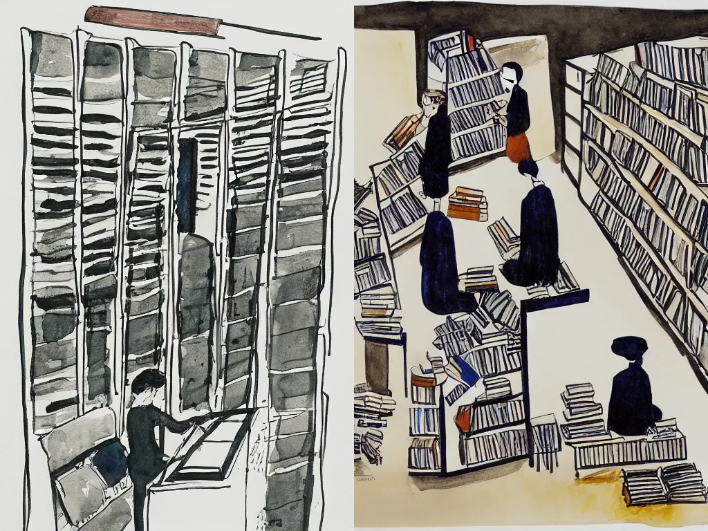 Prompt: pen and watercolor drawing of abstract representation of bookstore in white space by Charlotte Salomon, bu Ben McLaughlin, by Seiichi Hayashi, striped shadows, a masterpiece
