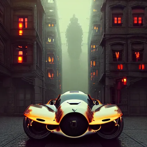 Image similar to cyborg cyber vintage supercar slick warm tones : by michal karcz, daniel merriam, victo ngai and guillermo del toro : ornate, dynamic, particulate, intricate, elegant, highly detailed, centered, artstation, smooth, sharp focus, octane render