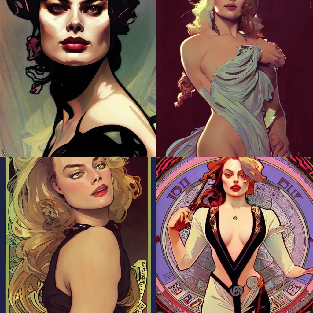 Prompt: margot robbie by Jhonen Vasquez by Alphonse Mucha by Greg Rutkowski Stanley ‘Artgerm’ Lau