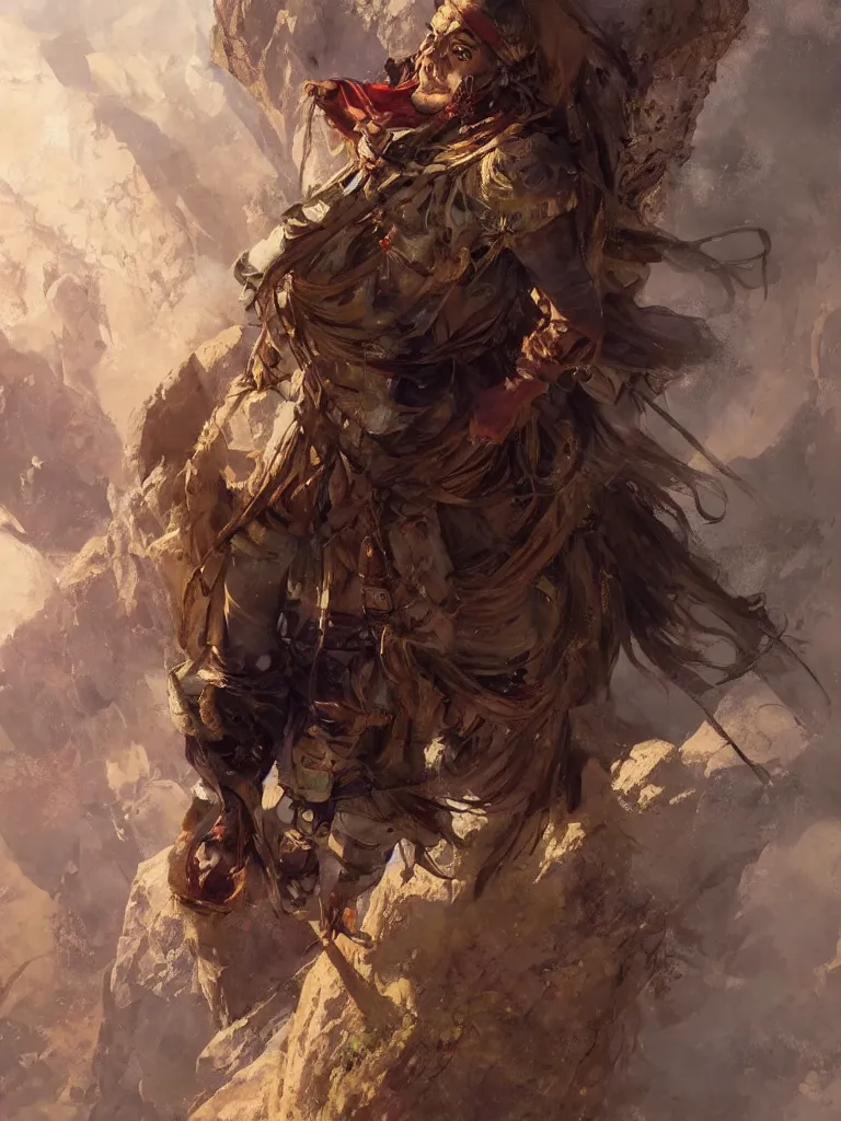 Image similar to oil art close - up portrait of one single young roma mage adventurer climbing down a cliffside in style of disco elysium character, gipsy jester character design from ravenloft, art by anders zorn, wonderful masterpiece by greg rutkowski, beautiful cinematic light, american romanticism by greg manchess, jessica rossier