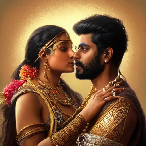 Image similar to portrait painting of dark muscular indian royal couple kissing, ultra realistic, concept art, intricate details, eerie, highly detailed, photorealistic, octane render, 8 k, unreal engine. art by artgerm and greg rutkowski and alphonse mucha