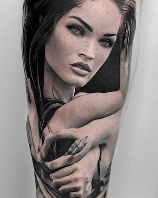 Image similar to amazing double exposure effect tattoo design sketch of megan fox with beautiful mountains, realism tattoo, in the style of andrey lukovnikov, amazing detail, sharp