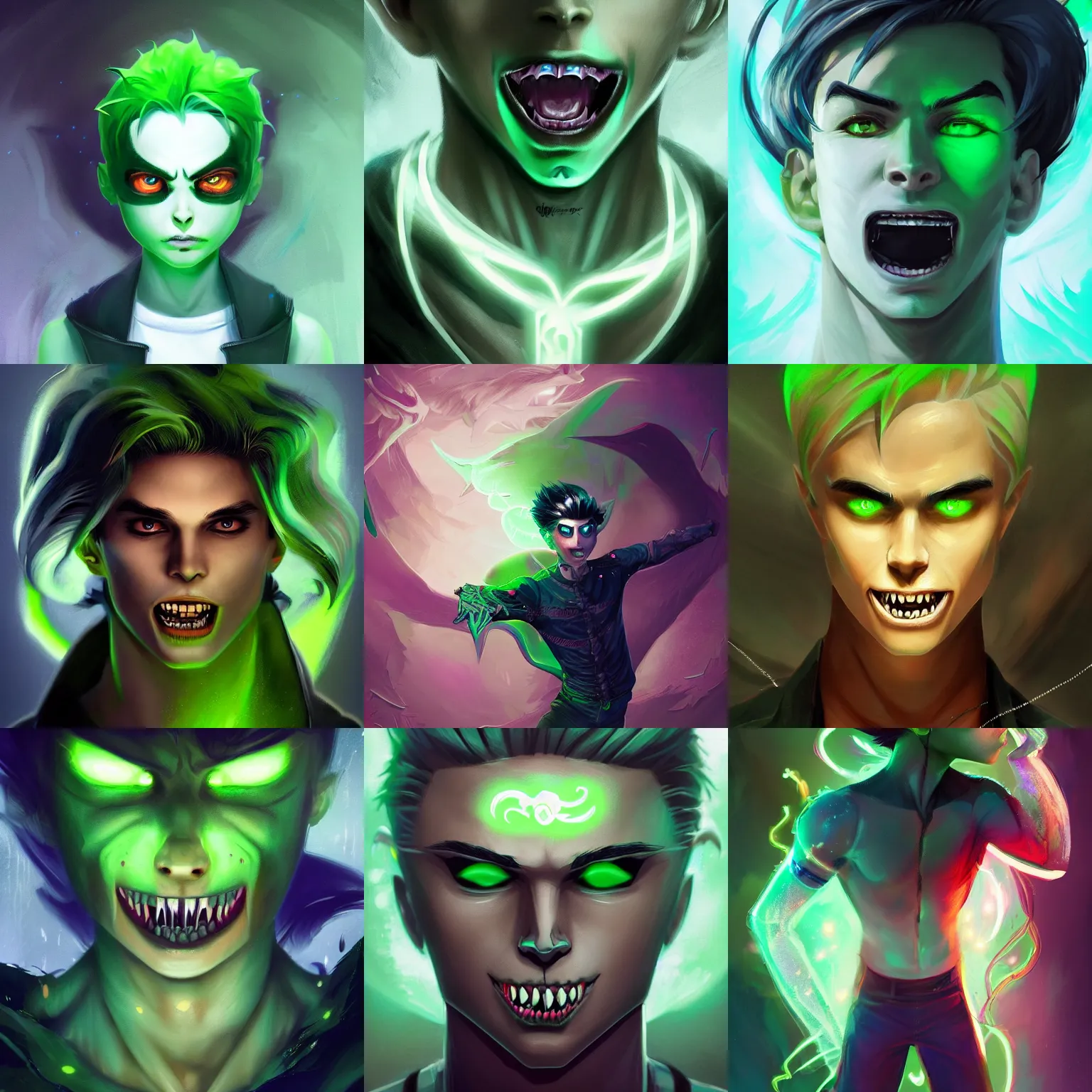Prompt: digital matte intricate illustration concept art, young handsome danny phantom!! glowing green eyes and sharp teeth fangs, face, alt art fashion inspired art by charlie bowater and wlop and mark arian and ross tran + neon colors, symmetry, intricate complexity, epic composition, magical atmosphere, highly detailed, cinematic lighting + masterpiece, trending on artstation + 8 k