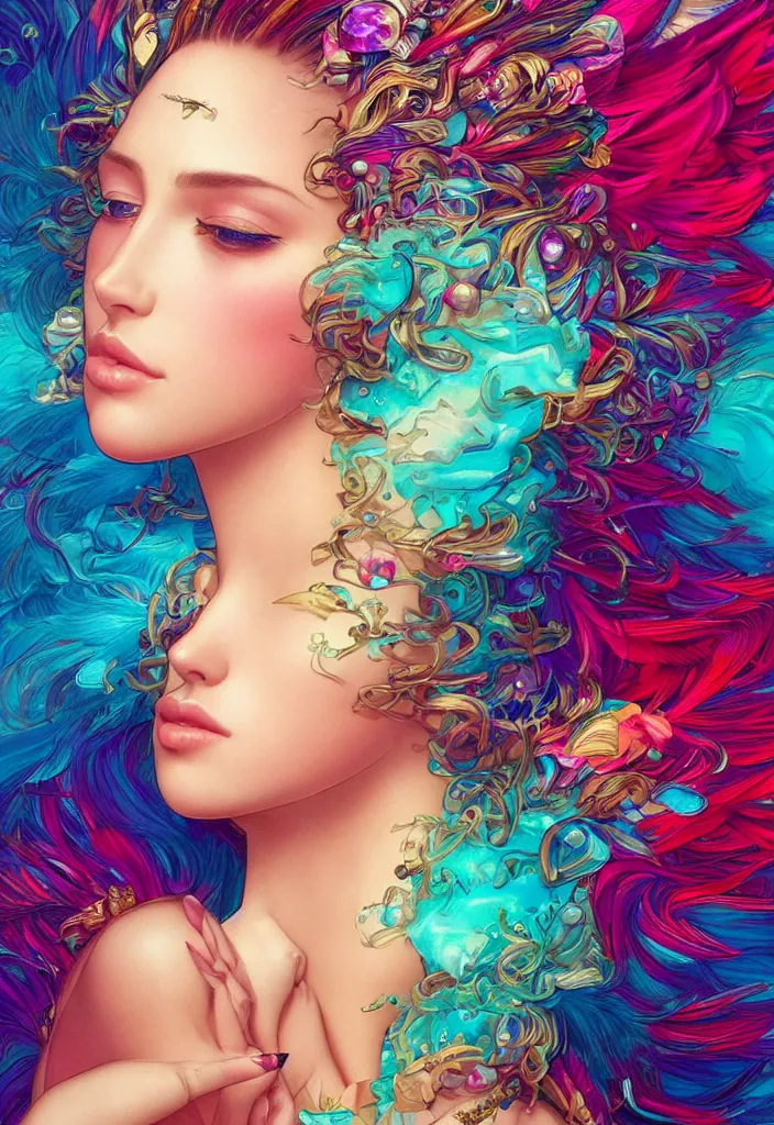 Image similar to beautiful, young woman, detailed gorgeous face, vaporwave aesthetic, synthwave, colorful, psychedelic, water droplets, feathers, crown, artstation, concept art, smooth, extremely sharp detail, finely tuned detail, ultra high definition, 8 k, unreal engine 5, ultra sharp focus, illustration, art by artgerm and greg rutkowski and alphonse mucha