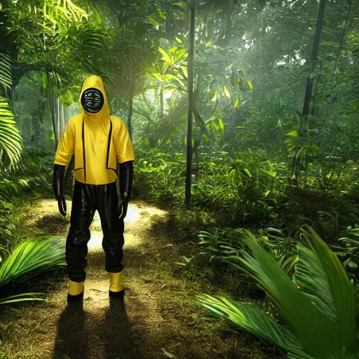 Prompt: a man wearing a hazmat suit and gasmask, walking through a lush jungle, unreal engine 5, ray traced, god rays, extremely high detail