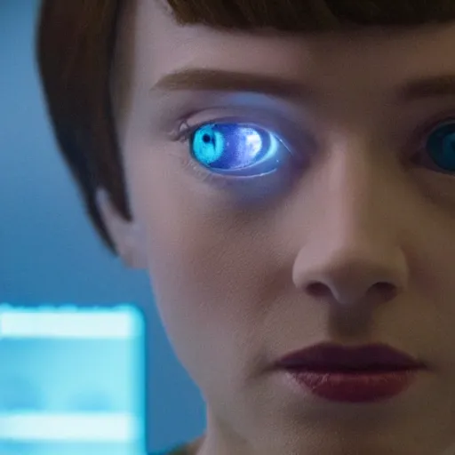 Prompt: film still of Black Mirror Episode about a Sentient Artificial Intelligence, VFX, 2022, 40mm lens, shallow depth of field