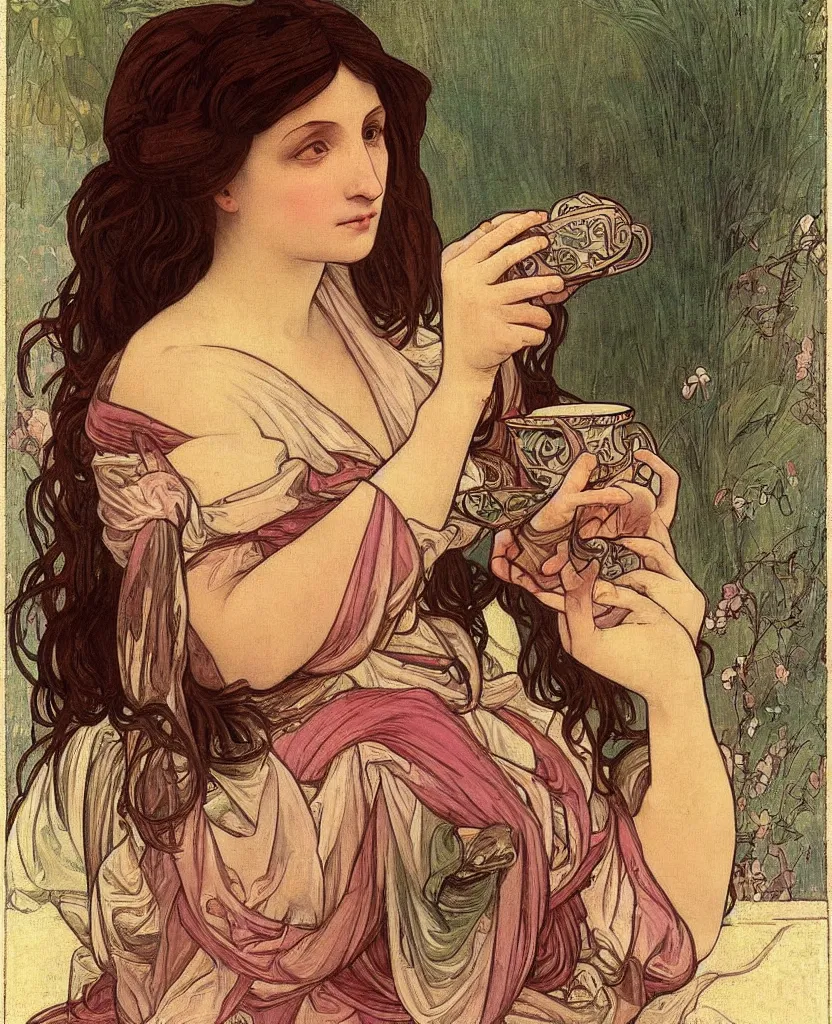 Image similar to a beautiful arrogant surreal greek lady drinking tea looking disdained, rennaisance painting, whimsical, pastel pink color palette, by leonardo da vinci and alphonse mucha