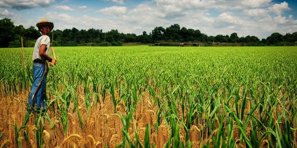 Image similar to a beautiful view of a farmer working in wheat field and there is a beautiful jungle behind the field, professional photography