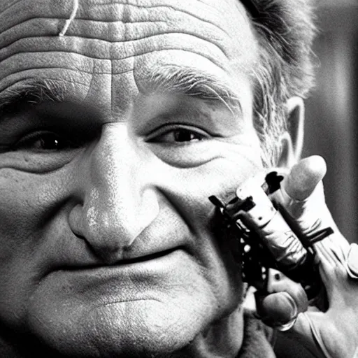 Prompt: robin williams mutating into the thing, practical effects, industrial lights and magic