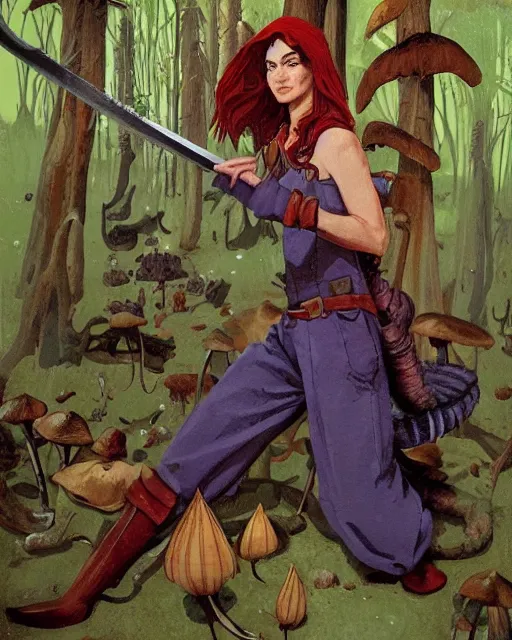 Image similar to moonshine cybin, epic level dnd wood elf spore druidess, wielding a magical sword, wearing magical overalls. covered in various fungi. full character concept art, realistic, high detail digital gouache painting by angus mcbride and michael whelan and jeffrey jones.