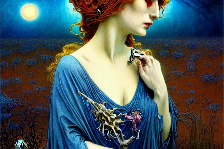 Image similar to realistic detailed portrait painting of a beautiful female zombie, nightly graveyard landscape background by Jean Delville, Amano, Yves Tanguy, Alphonse Mucha, Ernst Haeckel, Edward Robert Hughes, Roger Dean, masterpiece, cinematic composition, dramatic pose, 4k details, rich moody colours, blue eyes