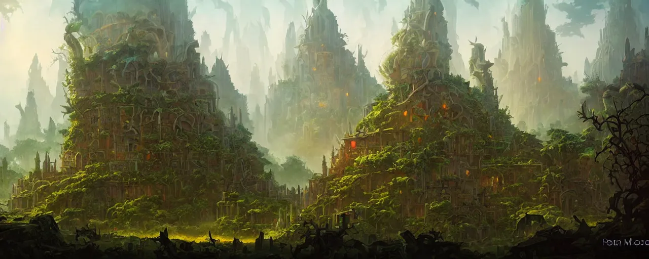 Prompt: The fallen city of Ur, ancient towers crumbling amidst the jungles and vines of overgrowth, by Peter Mohrbacher and Noah Bradley
