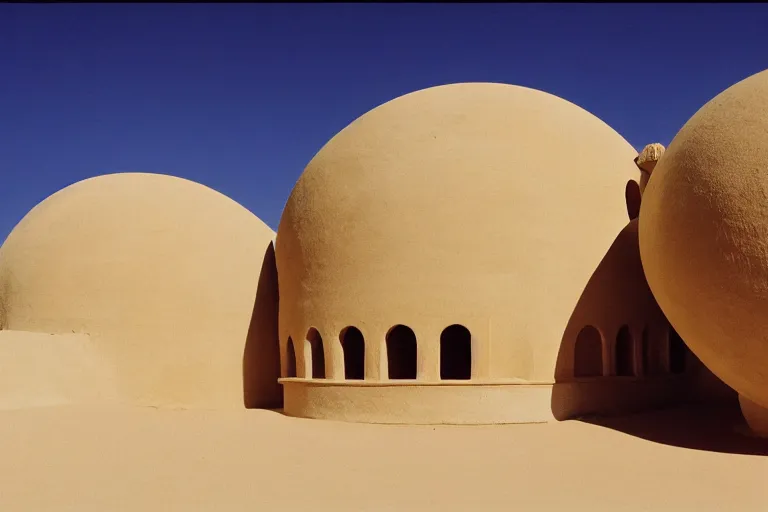 Prompt: film still of modern complex néo-classical spherical palace in the desert, by Étienne-Louis Boullée and Jean Jacques Lequeu cinestill 800t 35mm full-HD