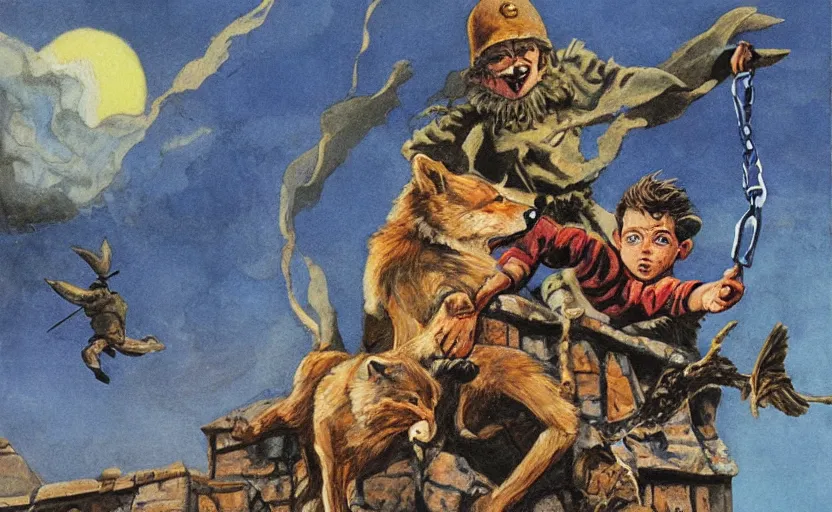 Image similar to a boy fighting a wolf on the edge of a clocktower, by josh kirby gouache, print