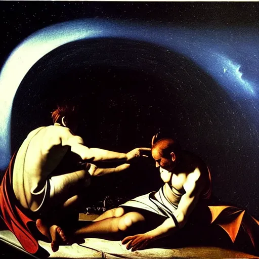 Image similar to about world in comfort caravaggio and quint bucholz parallel reality with unreal endless night sky