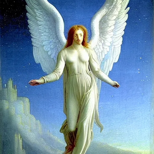 Image similar to renaissance hyper realistic painting of white angel!!! beautiful face, no gender!!!, ball of miracle light from the chest!!!!!, miracle light coming overhead!!, miracles everywhere, lot of fire and stars overhead!!!, by caspar david friedrich, misty space, holography effect, glow effect, large strokes, high detailed, white background