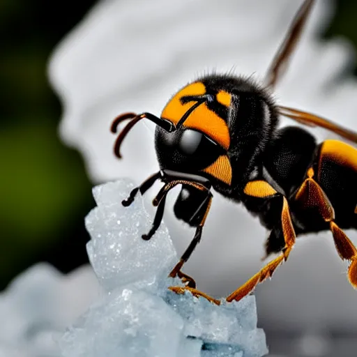 Prompt: a wasp sitting on an ice cream sunday staring angrily at the camera, photograph, realistic