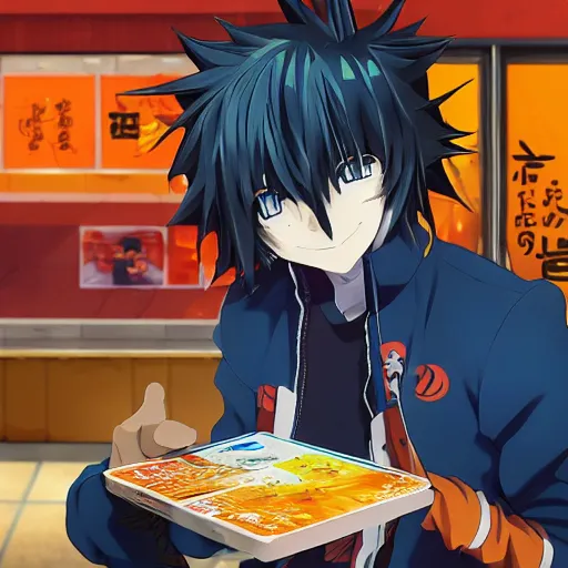 Prompt: orange - haired anime boy, 1 7 - year - old anime boy with wild spiky hair, wearing blue jacket, holding magical technological card, magic card, in front of ramen shop, strong lighting, strong shadows, vivid hues, raytracing, sharp details, subsurface scattering, intricate details, hd anime, high - budget anime movie, 2 0 2 1 anime