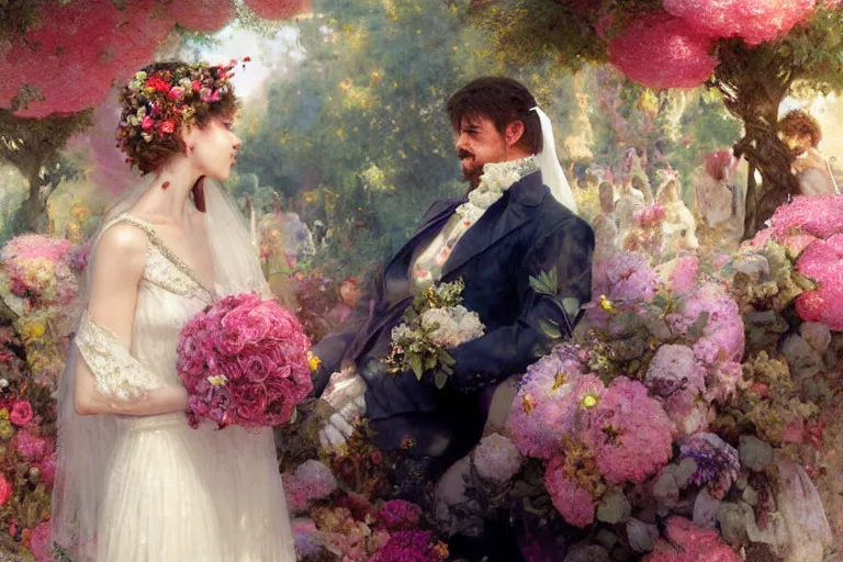 Image similar to the groom look at the bride at a wedding full of flowers, bright and happy, dreamlike art, highly detail, 4 k realistic, wedding photoy krenz cushart, artem demura, yoji shinkawa artgerm, jon lothian, danilo torres. adi meyers. thomas reimann. gaston bussiere.