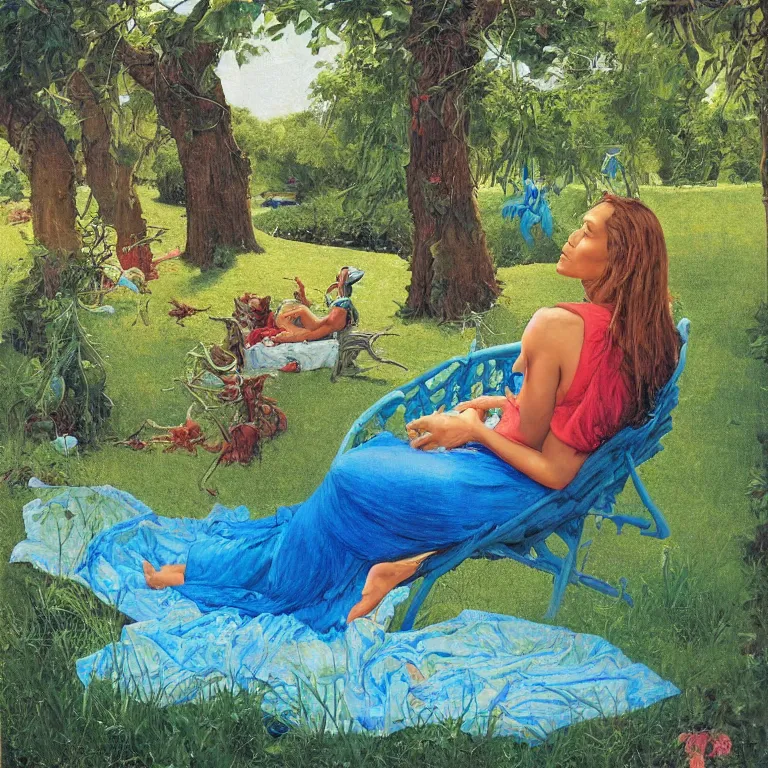 Prompt: Hyperrealistic intensely colored studio Photograph portrait of a deep sea bioluminescent Jennifer Lopez sitting in a lawn chair in her back yard, award-winning portrait oil painting by Norman Rockwell and Zdzisław Beksiński vivid colors high contrast hyperrealism 8k