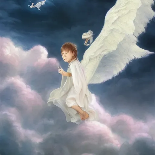 Prompt: a whimsical portrait of a little baby angel on a cute white dragon floating in the sky by Greg Rutkowski, ultra realistic, Sung Choi, Mitchell Mohrhauser, Maciej Kuciara, Johnson Ting, Maxim Verehin, Peter Konig, final fantasy, Marco lense, photorealistic 8k, cinematic lighting, HD, high detail, atmospheric, trending on artstation, 4k