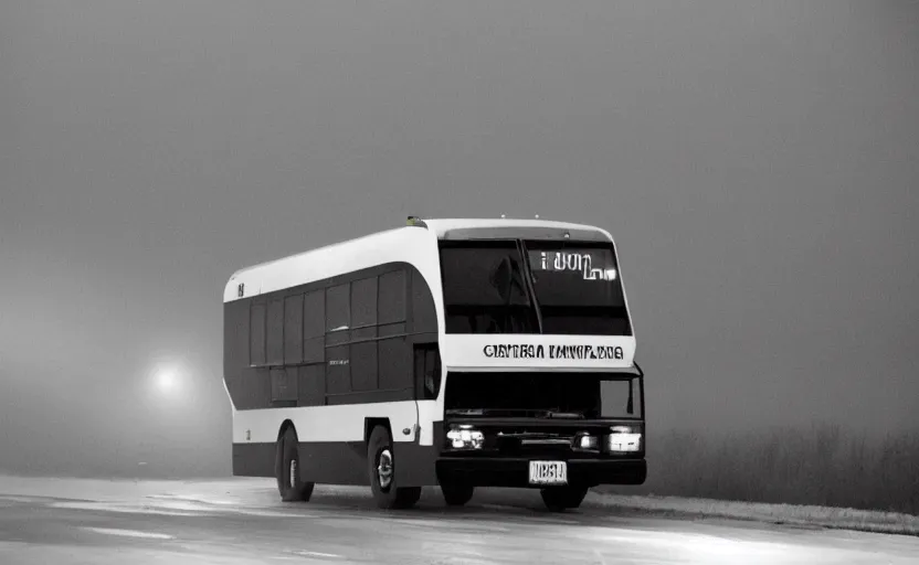Prompt: exterior traveling greyhound bus circa 2 0 1 5, being john malcovich directed by charlie kaufman ( 2 0 0 1 ), shot with 2 4 mm lens anamorphic lenses, dp hoyte, foggy volumetric light morning, cinematic mood, 3 5 mm kodak film