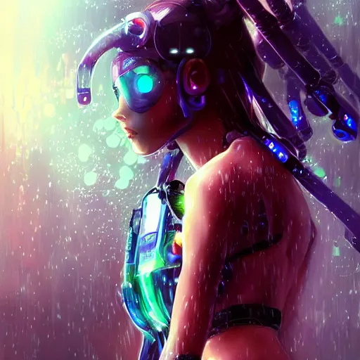 Image similar to beautiful cyborg girl!!!, rainfall!!, water refractions!!, black long hair!, colorful reflective eyes, full round face!, biomechanical details, digital cyberpunk anime!! art, full body!!!, mid - shot, reflections, wlop, ilya kuvshinov, artgerm