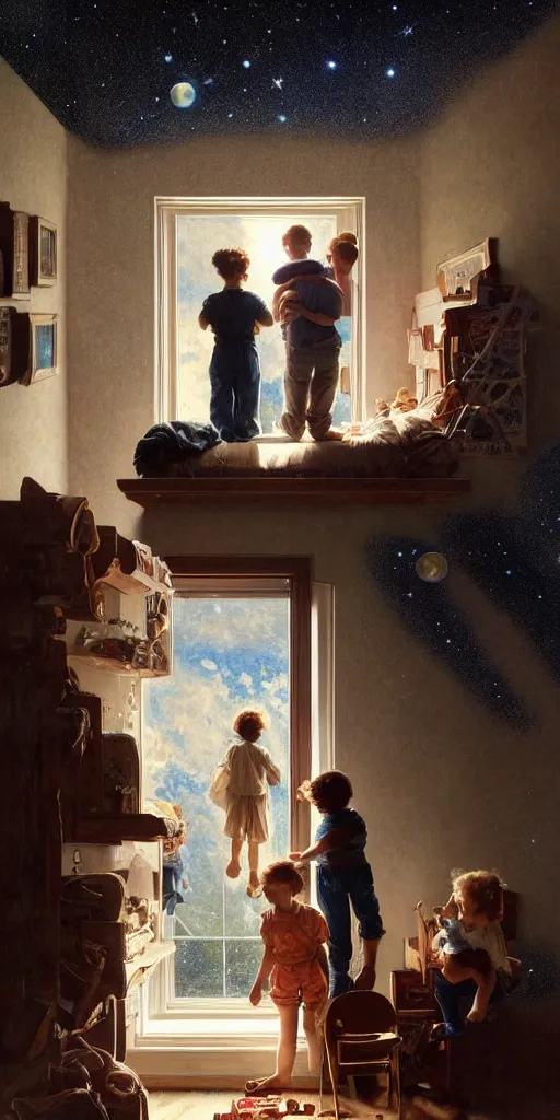 Image similar to a mother a father and 8 children looking at the wall of their bedroom and seeing the universe full of galaxies and planets, imagination, part by norman rockwell, part by greg rutkowski, part by mattias adolfsson, high angle, ( ( ( ( volumetric lighting ) ) ) ), oil on canvas