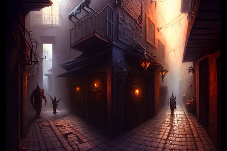 Image similar to a shadowy alleyway in the city of tyr from athas, amazing dark sun d & d art, by gerald brom, by wlop, intricate details, ultra realistic, beautiful, volumetric lighting, warm colors advance cool colors recede, the rule of thirds, by greg rutkowski, trending cgsociety, artstation