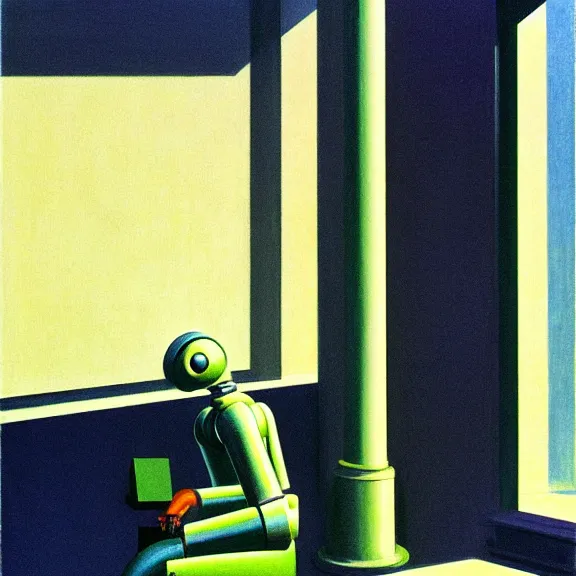 Image similar to illustration of a robot on white background by Edward Hopper, clean lines, close up
