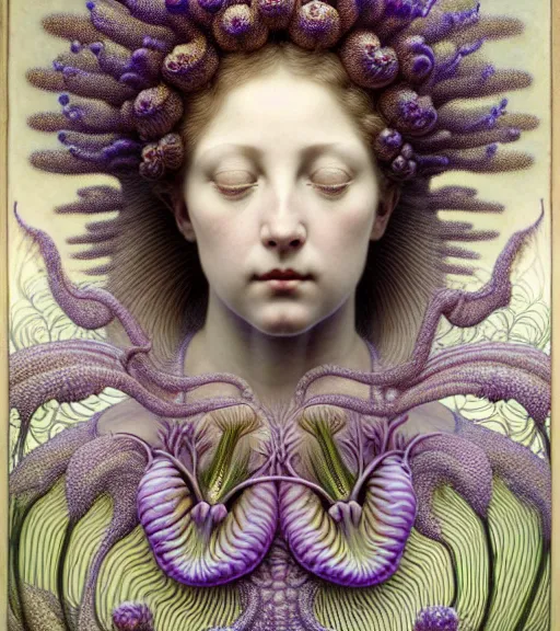 Image similar to beautiful young flower queen detailed realistic porcelain face portrait by jean delville, gustave dore, iris van herpen and marco mazzoni, art forms of nature by ernst haeckel, art nouveau, symbolist, visionary, gothic, neo - gothic, pre - raphaelite, fractal lace, intricate alien botanical biodiversity, surreality, hyperdetailed ultrasharp octane render