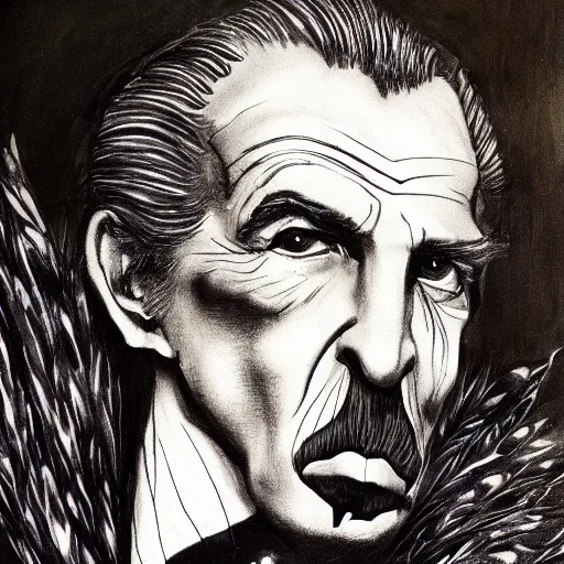 Image similar to vincent price as billionaire howard hughes in long black feathered cloak, black hands tipped with black claws, feathers growing out of skin, at opulent desk, vivid, mike mignogna, illustration, highly detailed, rough paper, dark, oil painting