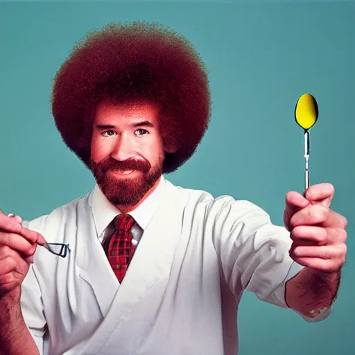 Image similar to portrait of bob ross holding a syringe and a spoon, photo