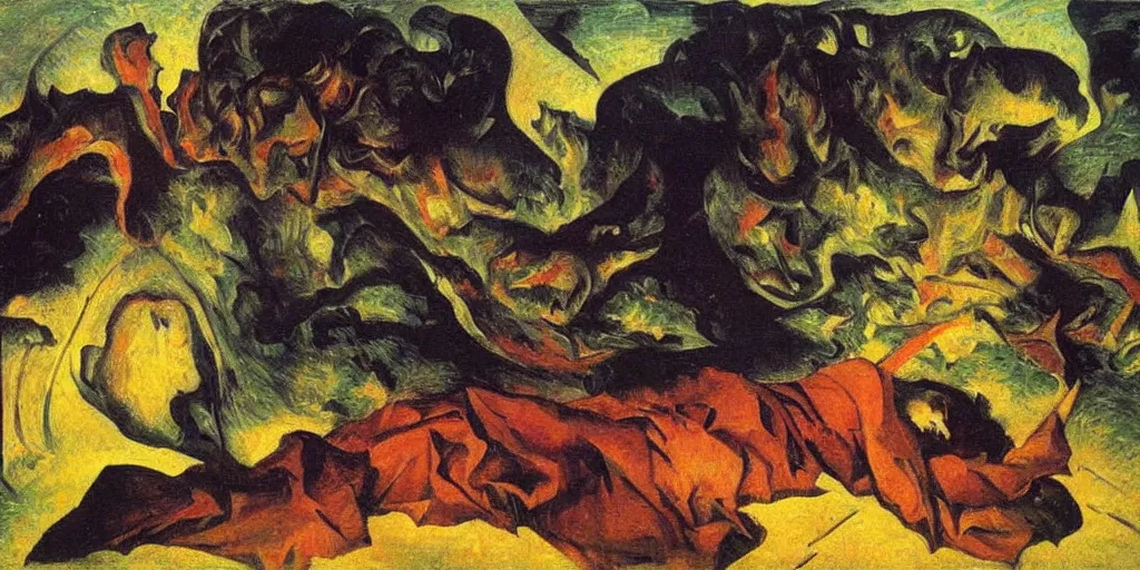 Image similar to the lotus eater at the dying of the light. umberto boccioni, caravaggio, max ernst h 7 6 8