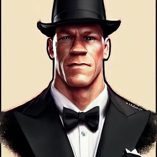 Image similar to john cena wearing a tuxedo, portrait, highly detailed, digital painting, artstation, concept art, sharp focus, illustration, art by artgerm and greg rutkowski and alphonse mucha