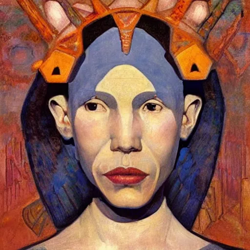 Image similar to the bone crown, by Annie Swynnerton and Nicholas Roerich and Diego Rivera, blue skin, elaborate costume, geometric ornament, rich color, dramatic cinematic lighting, smooth, sharp focus, extremely detailed