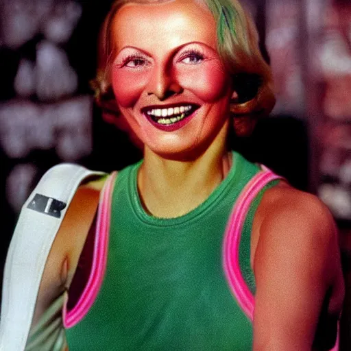 Prompt: a 1 9 2 8 color portrait. happy, healthy, smiling, sporty, glowing greta garbo in athletic wear with big smile and healthy teeth. colorful, realistic, high quality.