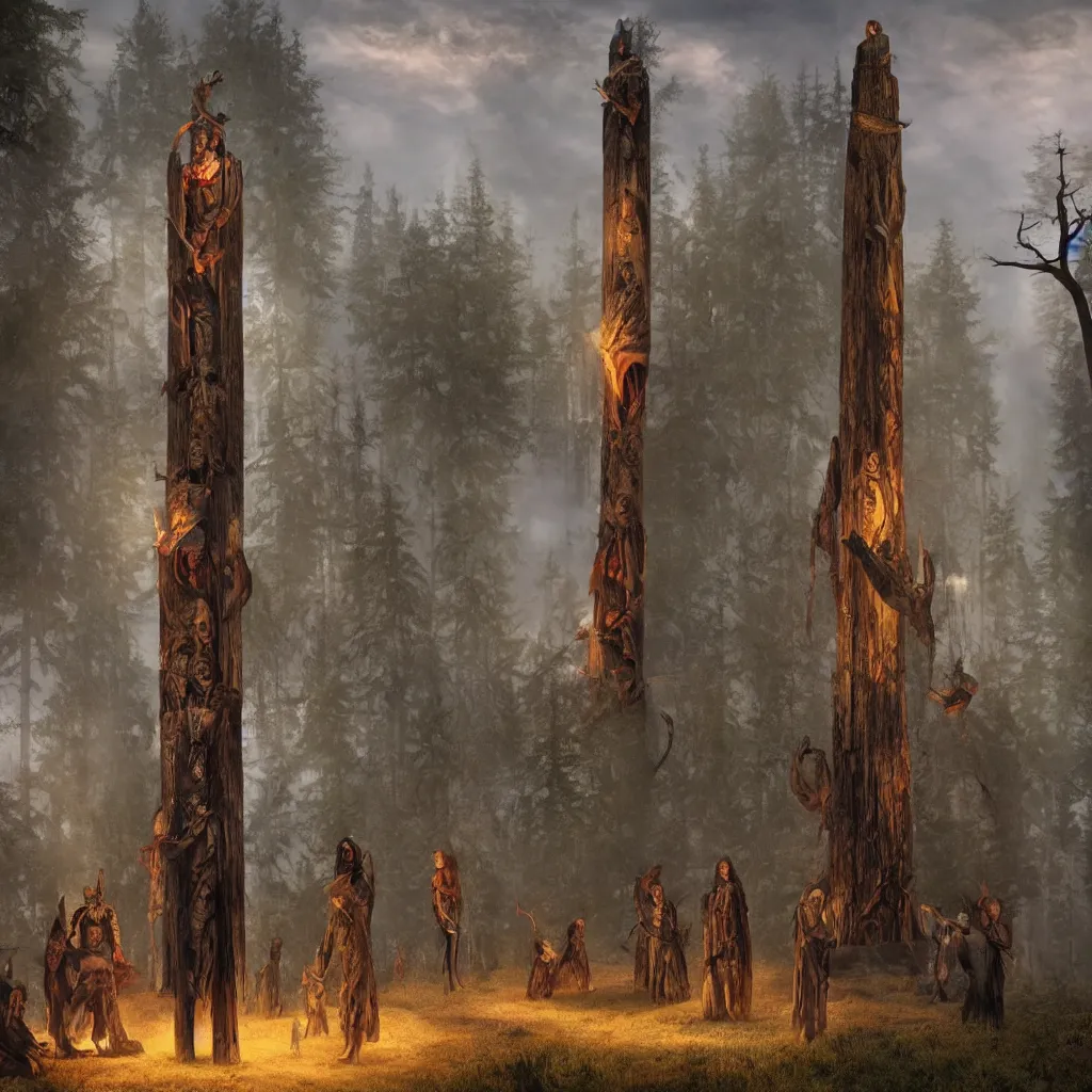 Prompt: evil druids performing a ritual around a tall wooden totem, on a hill, a detailed matte painting, fantasy, foggy