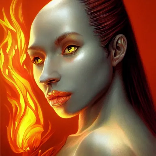 Image similar to A stunning portrait of a flame goddess by Jim Burns, fantasy, Trending on artstation.