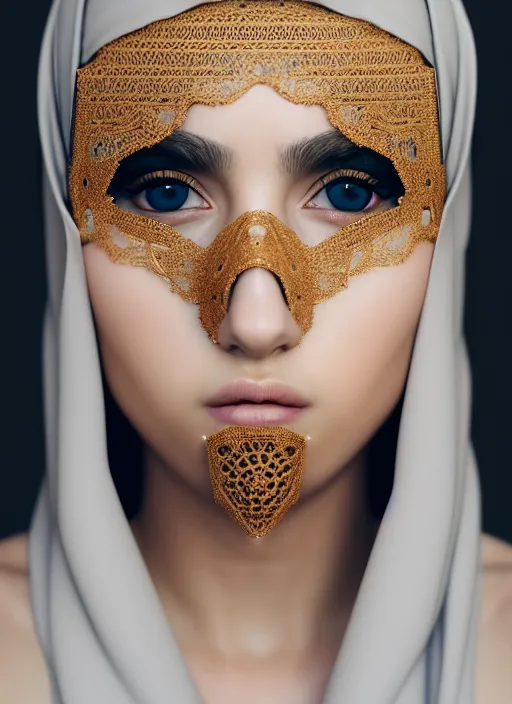 Prompt: beautiful female portrait, arabic, rule of thirds, haze, intricate, mask, symmetrical!!, makeup, maybelline, depth of field, cinematic, filmic, vsco, concept art, artstation, digital painting, elegant, model, gorgeous, vray, cinema 4 d, octane render, ambient occlusion, prism lights