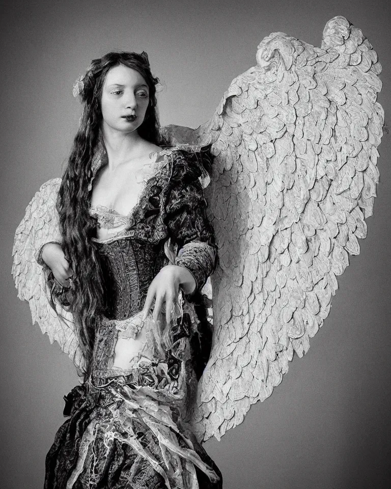 Image similar to a renaissance styled baroque photograph of an anatomically correct woman angel wearing an intricate lace corset by aj hamilton