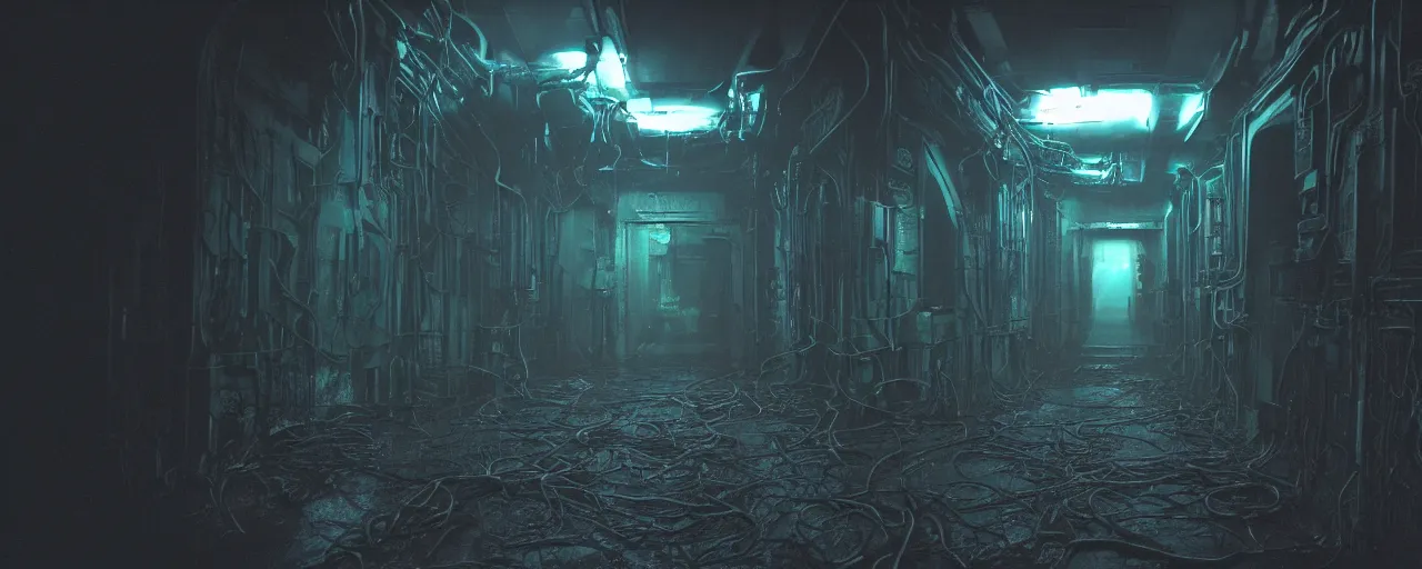 Prompt: Film still of a dimly lit corridor on an alien space ship, dark matte metal, floor grills, ventilation shafts, dusty, orange, purple and cyan lighting, water dripping, puddles, wet floor, rust, decay, vines, overgrown, alien plants, tilted camera angle, wide-angle lens vanishing point, year 3000, Cinestill colour cinematography, anamorphic, giger