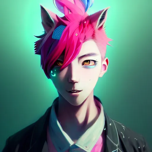 Image similar to a beautiful portrait of a handsome anime male boy with pink hair and pink wolf ears and green eyes wearing cyberpunk clothes. character design by cory loftis, fenghua zhong, ryohei hase, ismail inceoglu and ruan jia. artstation, volumetric light, detailed, photorealistic, fantasy, rendered in octane