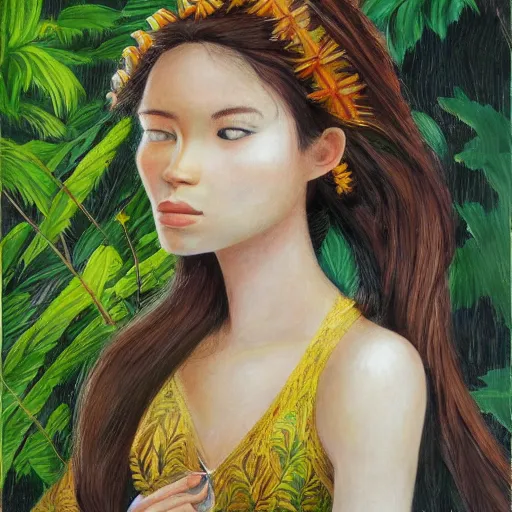 Prompt: a girl in a jungle with book, her hair flowing down, subtle, intricate details, real masterpiece, oil on canvas, by somsak anong