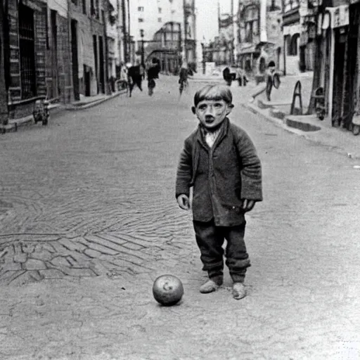 Image similar to a boy playing with a ball in the street in 1 9 2 0