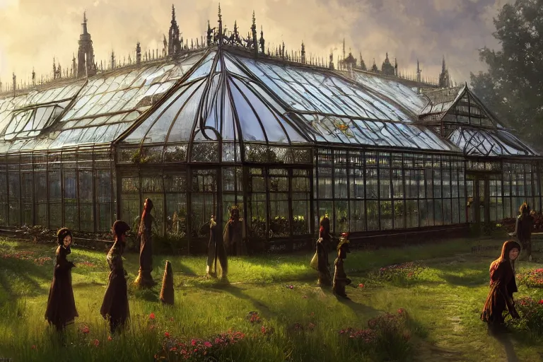 Image similar to an ornate victorian greenhouse, dark satanic ritual in front, scene in an open field. 1 8 9 0, key visual, conceptart, ambient lighting, highly detailed, digital painting, artstation, concept art, sharp focus, by makoto shinkai and akihiko yoshida and greg manchess