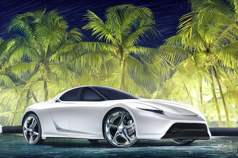 Image similar to modern chic luxurious sports car parked, with Singaporean lush garden with royal white luxurious gold colors, advanced civilization, high-end, at the Sea Of Stars of Vaadhoo Island Maldives, Bioluminescent sea plankton that shines bright blue during the night makes the sea area, glowing water, intricate, elegant, luxurious, digital painting, concept art, smooth, sharp focus, from Star Trek 2021, illustration, by WLOP and Ruan Jia and Mandy Jurgens and William-Adolphe Bouguereau, Artgerm