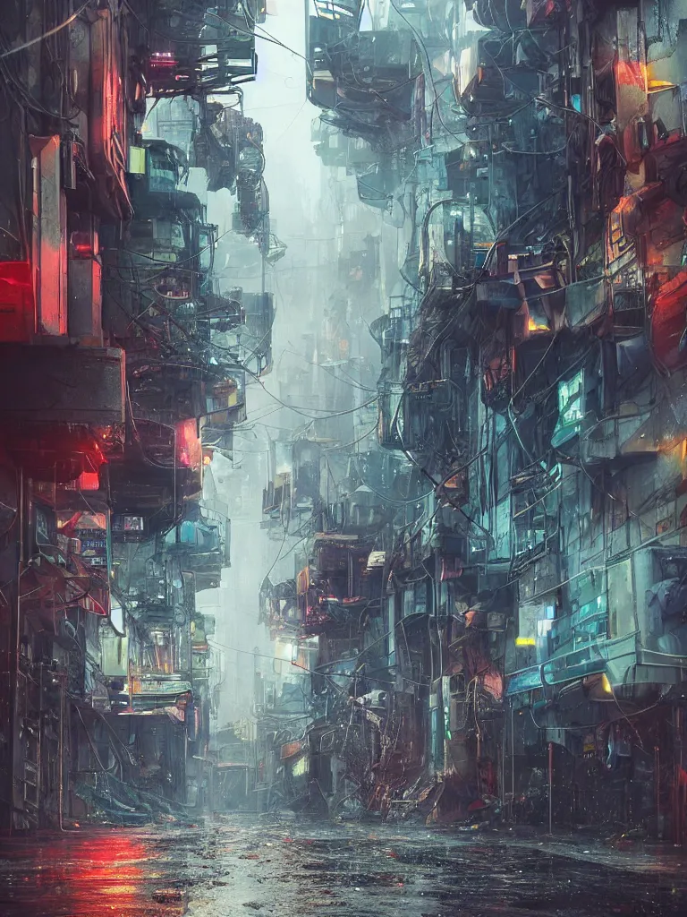 Prompt: futuristic diselpunk street, hanging cables, narrow, garbage on the ground. rain. fog, haze, evening. led screens. golden hour. volumetric lighting. cables on the ground. very messy. futuristic. photorealistic. artstation. anime. studio gimbli style