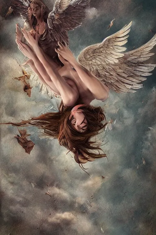 Image similar to angel falling to human market, very high resolution images, very details, very realistic, hyperrealistic, art by yulia iosilzon, and simone graci